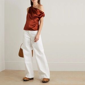Reformation Annika Off-The-Shoulder Draped Silk-Charmeuse Top in Oxide